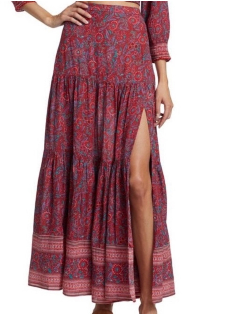 Tiered Red Paisley Maxi Skirt with Side Slit